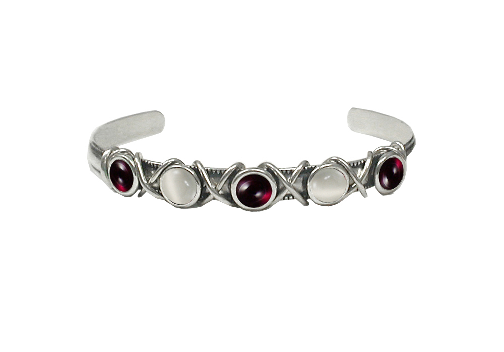 Sterling Silver Cuff Bracelet With Garnet And White Moonstone